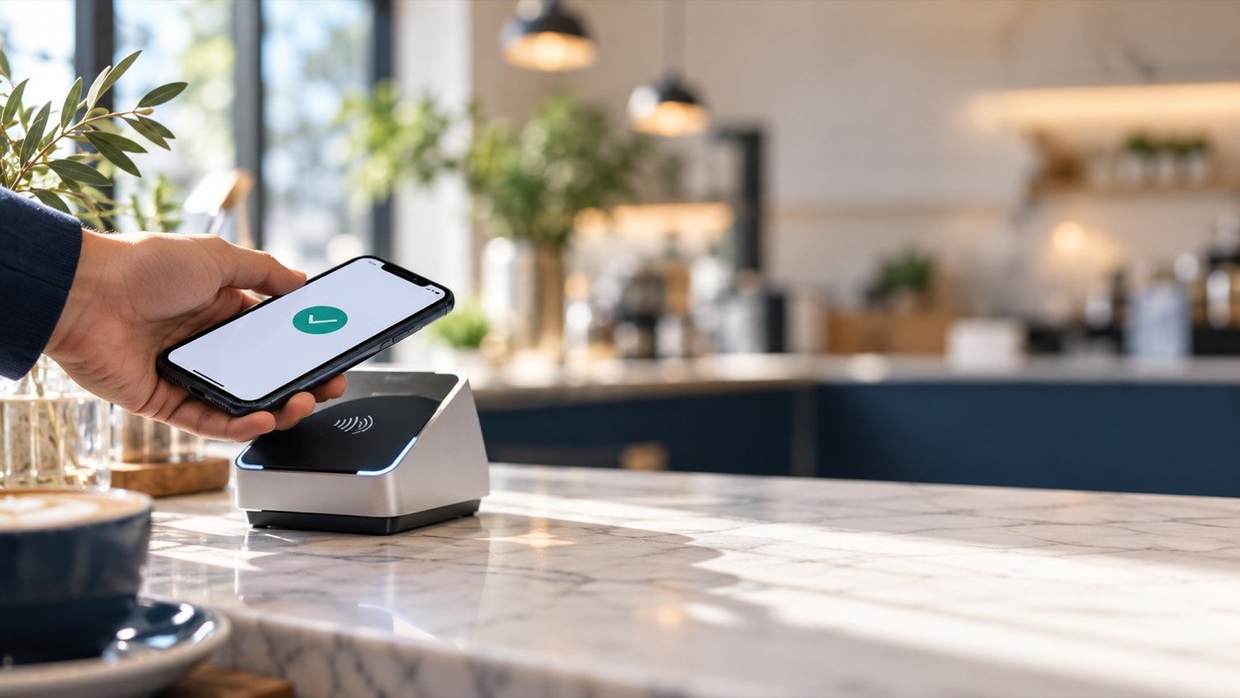 Customer tapping a phone to pay at a sunlit cafe counter