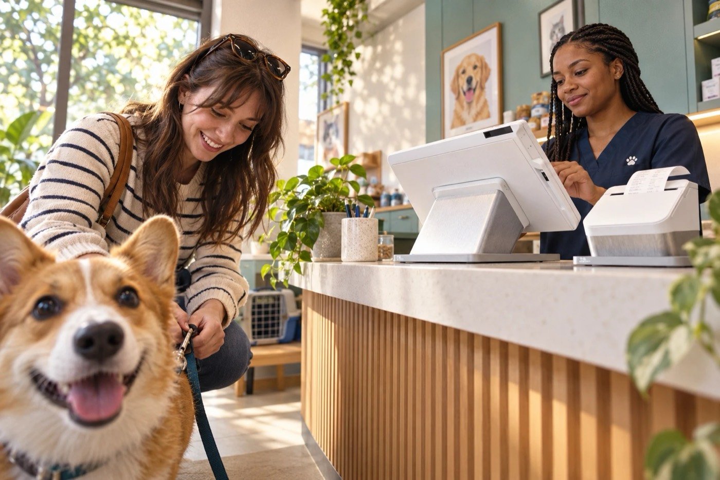 Pet owner with her corgi checking out at a veterinary clinic front desk