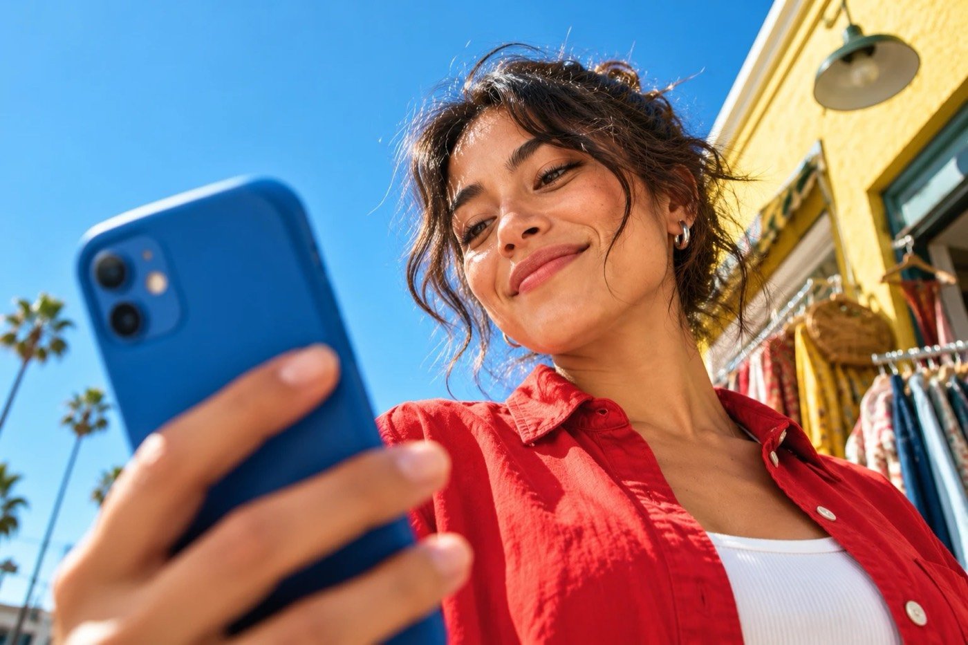 Smiling shopper checking her phone outside a yellow storefront under palm trees