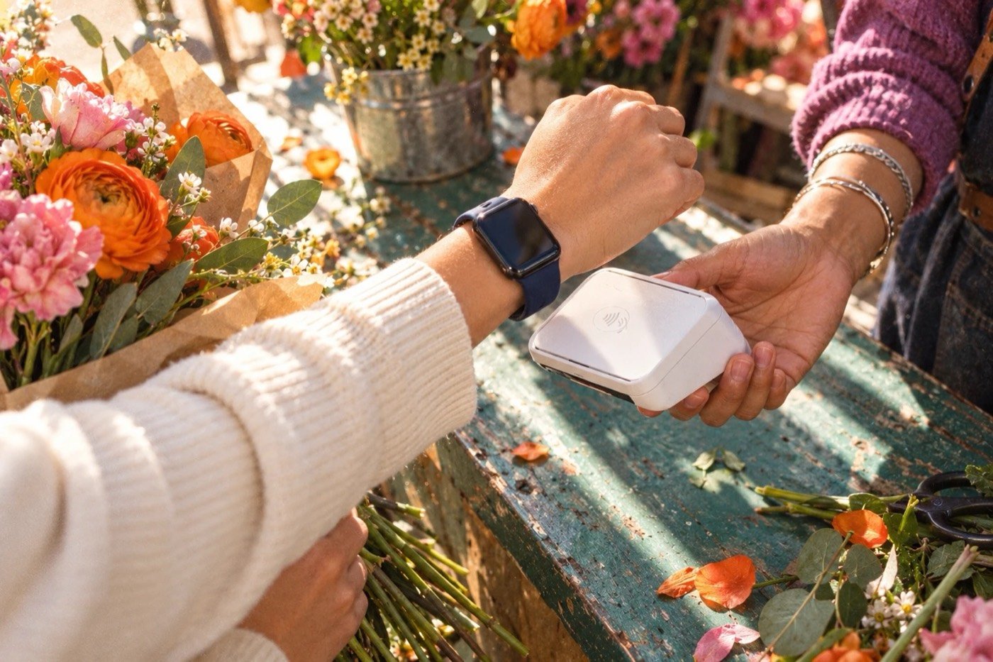 Customer paying with a smartwatch at a flower stand card reader